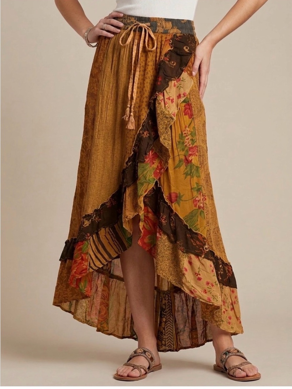 YOUNG THREADS NWT Mustard Boho Floral Wrap Maxi Skirt